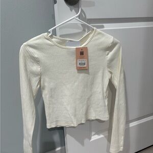 Cream Ribbed Long Sleeve Top